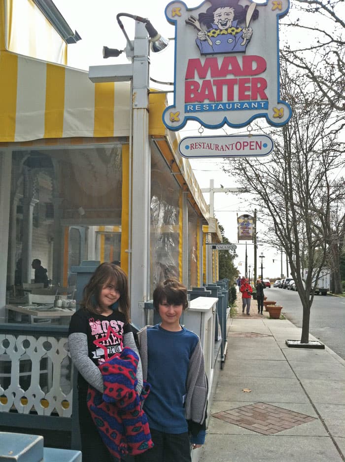 Kids in front of Mad Batter restaurant.