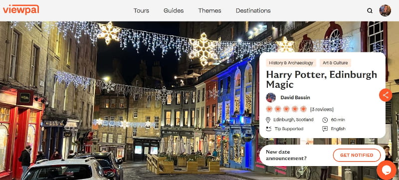 Screenshot from Viewpal web site showing Harry Potter tour booking page.