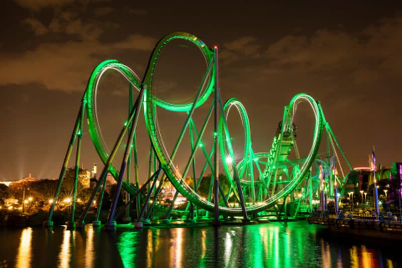 Incredible Hulk roller coaster at night.