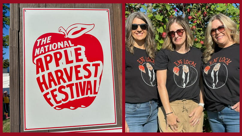 Apple Harvest Festival sign and three friends standing together by an apple tree.